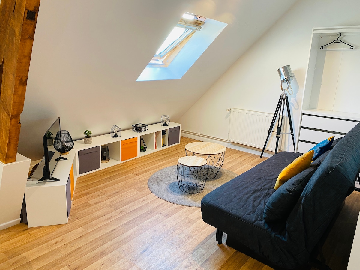 A cozy studio space features a slanted ceiling with a skylight, providing natural light. A dark sofa bed is positioned next to two modern coffee tables on a circular rug. Storage units with colorful accents and a contemporary floor lamp enhance the minimalist design.