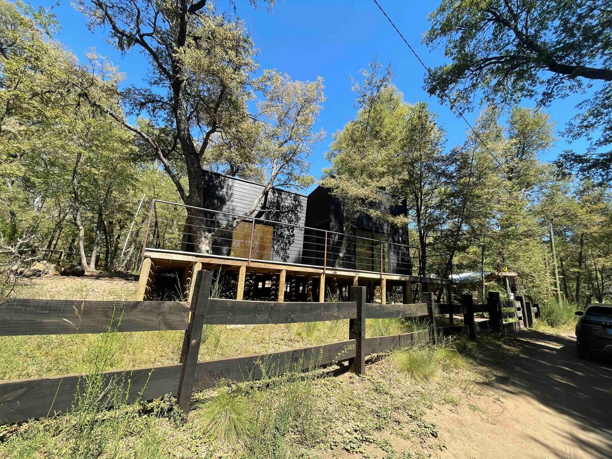 The modern cabin is elevated on a wooden platform, surrounded by lush native trees. A railing extends along the walkway, providing access to the entrance. A dirt path and wooden fence can be seen in the foreground, contributing to the natural setting.