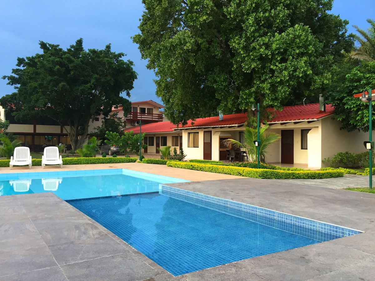 A well-maintained outdoor area features a clear swimming pool complemented by a shallow section. Comfortable lounge chairs are positioned nearby, and lush greenery enhances the landscape. Two cottages can be seen in the background, designed with a red tiled roof and surrounded by vibrant landscaping.