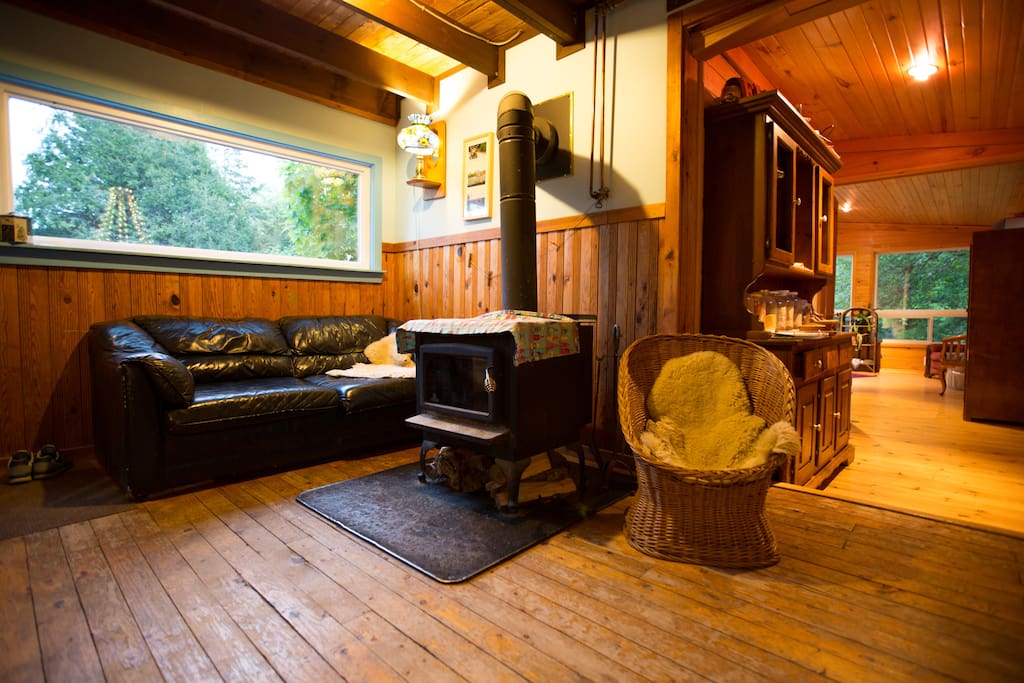 Cozy up on a sheepskin next to the woodstove