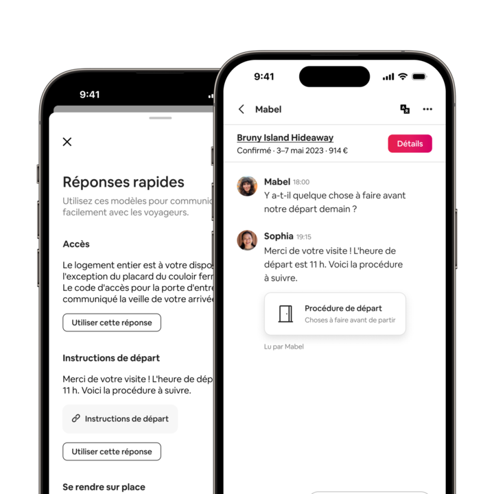 L'application Airbnb montre un hôte envoyant une liste de tâches de départ au moyen d'une réponse rapide. Un accusé de réception indique que le message a été lu par le voyageur.