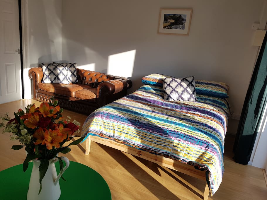 Double bed with quality, IKEA pocket sprung mattress, cotton linen, Chesterfield settee