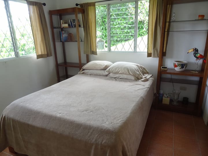 El dormitorio principal tiene una vista del lago desde una ventana y una vista de la selva desde la otra.