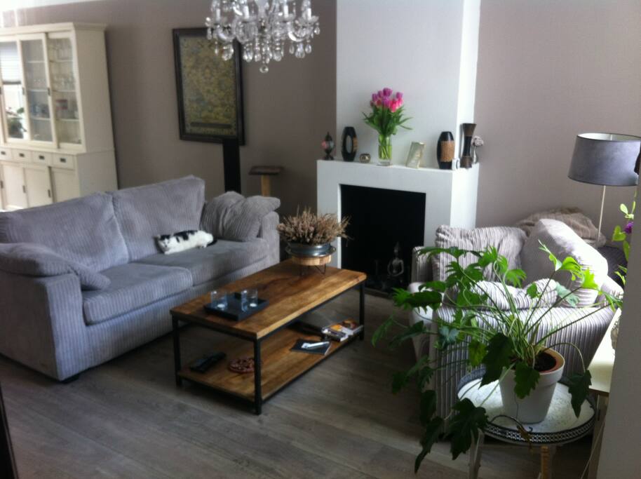 Ruime knusse woonkamer, veel licht. Hoog plafond. 3 zits-bank en 1,5 zits-stoel.