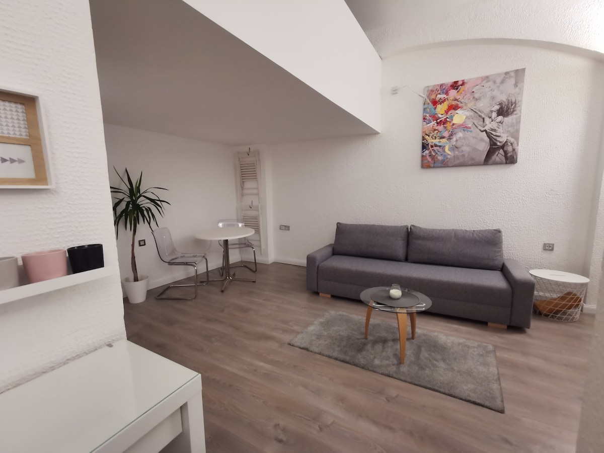 The living area features a modern gray sofa positioned across from a circular coffee table on a soft area rug. A small dining table is visible, accompanied by transparent chairs. A large piece of colorful artwork adorns the wall, and a leafy plant adds a touch of greenery.