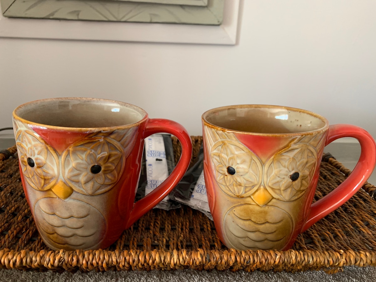 Two decorative mugs shaped like owls are placed on a woven tray. The mugs feature bright orange handles and intricate designs, adding a playful touch. Small packets of sugar are visible in the background, offering convenience for beverages.
