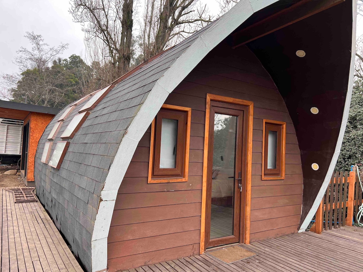 A private dome accommodation features a distinctive curved design with wooden accents. Large windows allow natural light to enter, while the entrance door is framed by two smaller windows. A wooden deck surrounds the structure, providing an inviting outdoor space.
