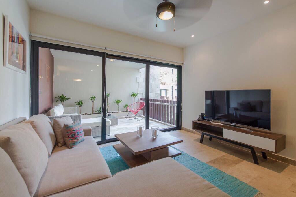Comfortable living room, with a bed-sofa and TV.