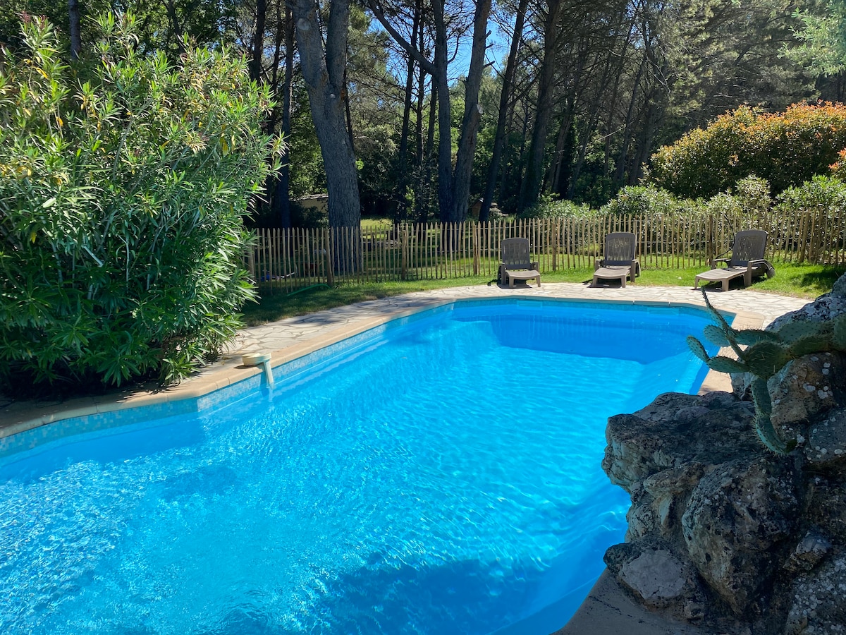 A sparkling swimming pool is surrounded by lush greenery, with a wooden fence enclosing the area. Two loungers are positioned beside the pool, inviting relaxation under the shade of tall trees in a peaceful setting.