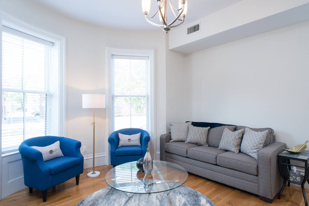 Living room. Sofa pulls out into a comfy queen size Posturepedic bed.