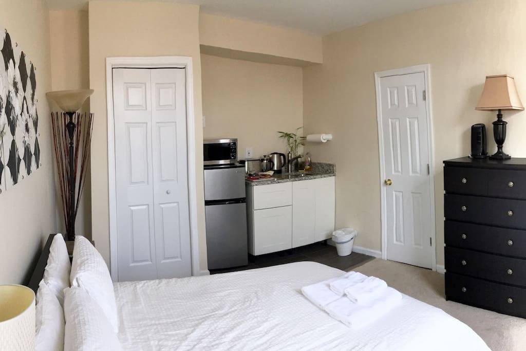 Convenient Kitchenette with kettle, french press coffee maker, microwave and toaster. Fridge with varied beverages/snack/breakfast items