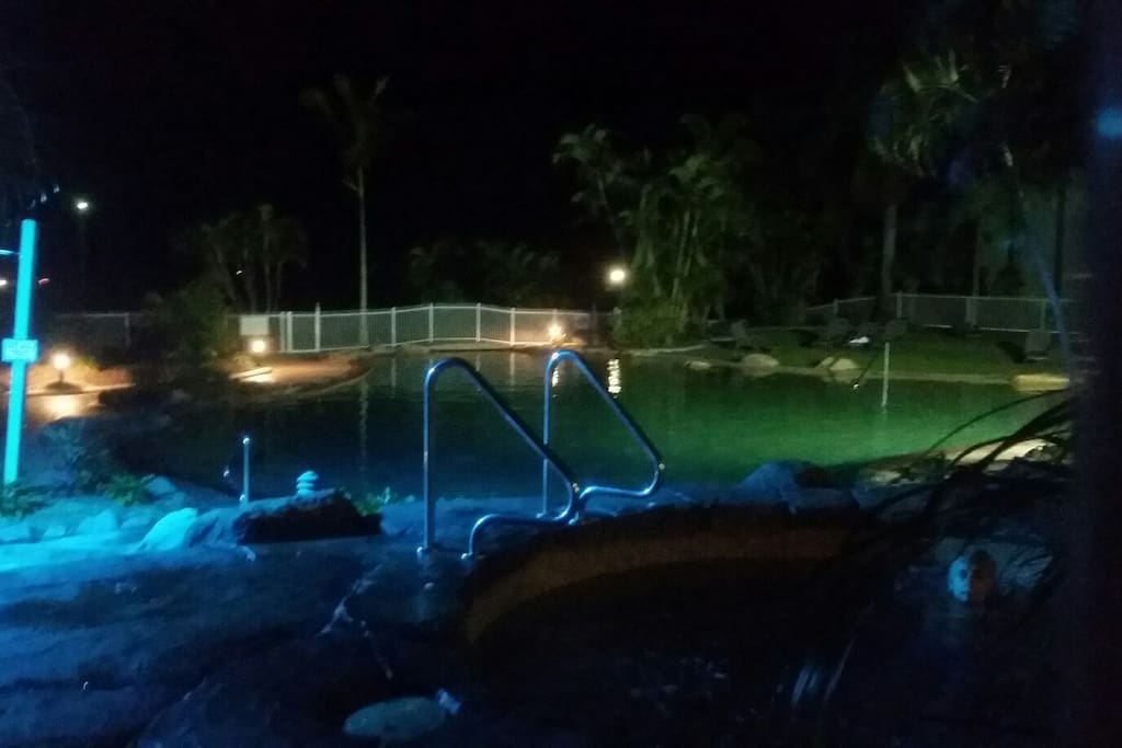 night view of spa & pool from restaurant