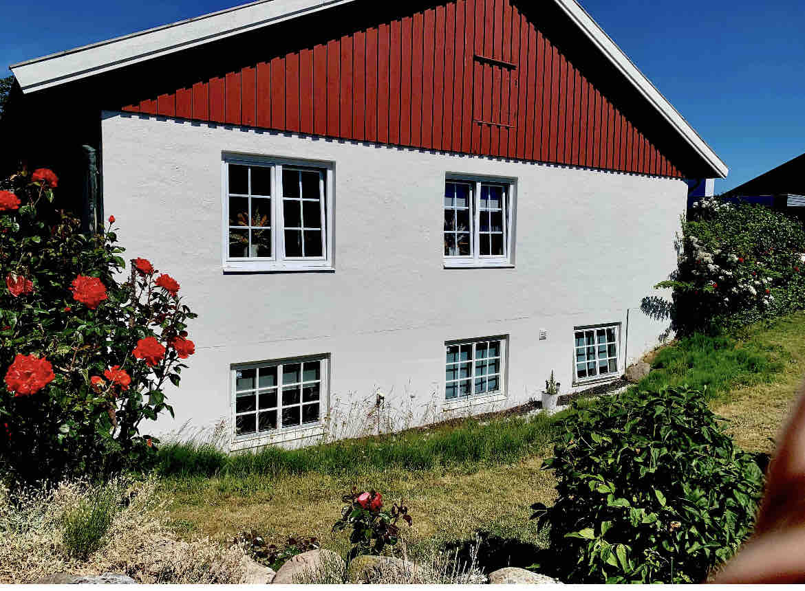 A charming exterior of a two-story house is displayed, showcasing white walls and a striking red roof. Four windows allow natural light to enter, bordered by well-maintained greenery and colorful rose bushes, creating a serene garden atmosphere.