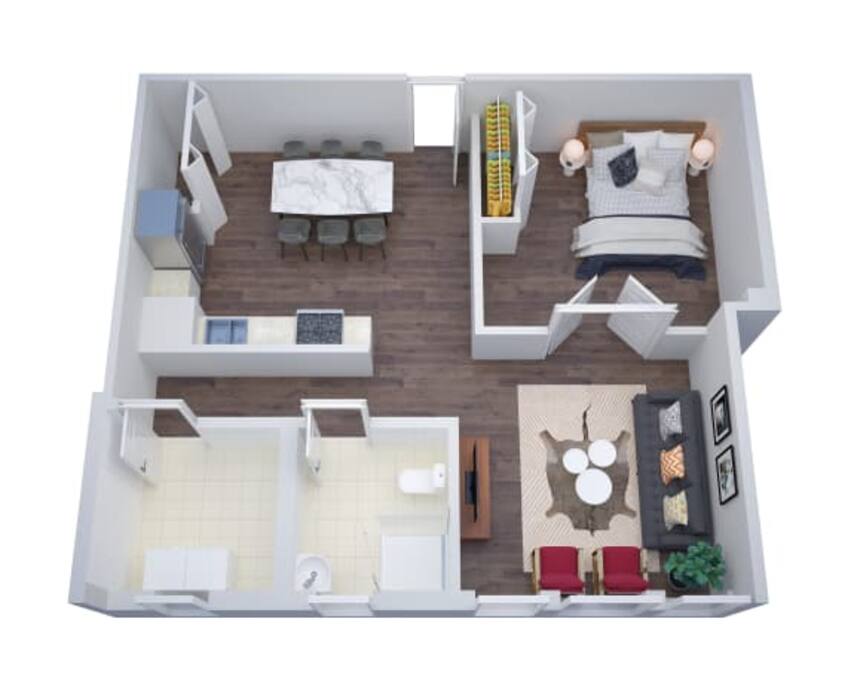3D rendering of the apartment floor plan. Project to be completed 6.30.18.