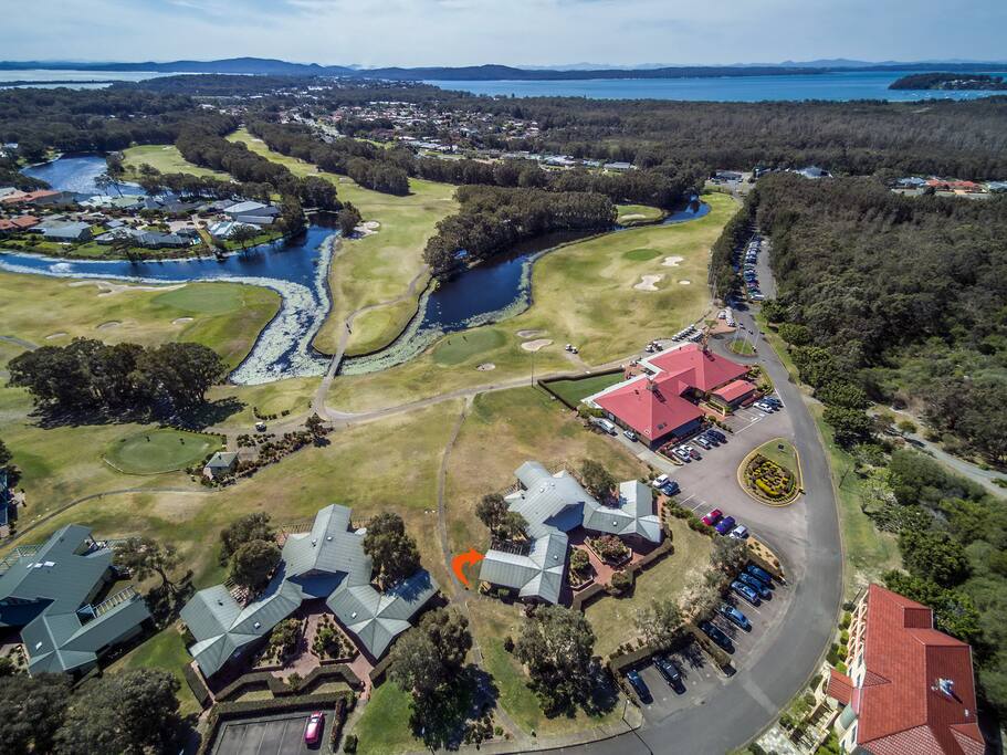 Aerial Drone Photo of Horizons with Arrow Pointing to Condo 105