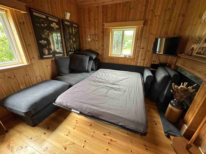 سرير أريكة في غرفة المعيشة بعرض سرير 140 سم. يمكن أن تكون الغرفة مظلمة بالستائر.