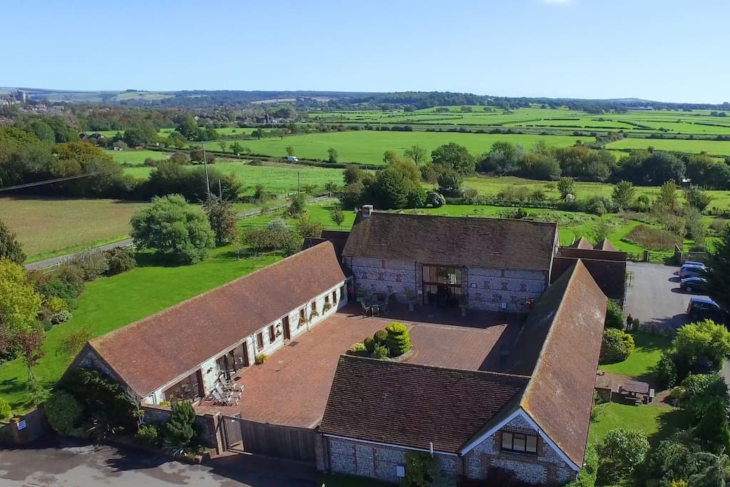 Aerial View of Brooklands, gardens and surrounding countryside, Arundel 2 minutes away