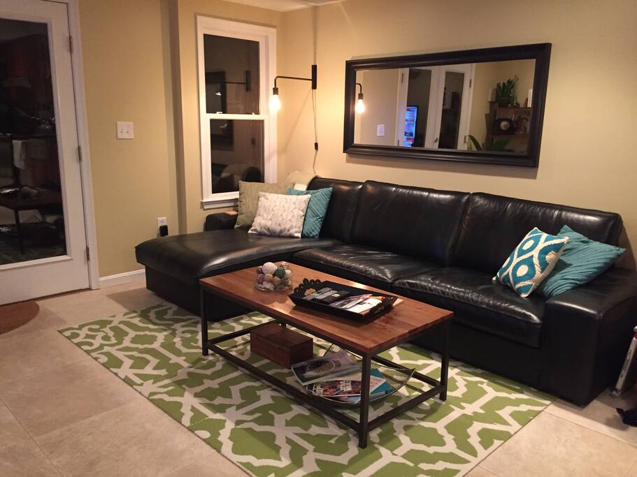 Living room with french doors to private patio
