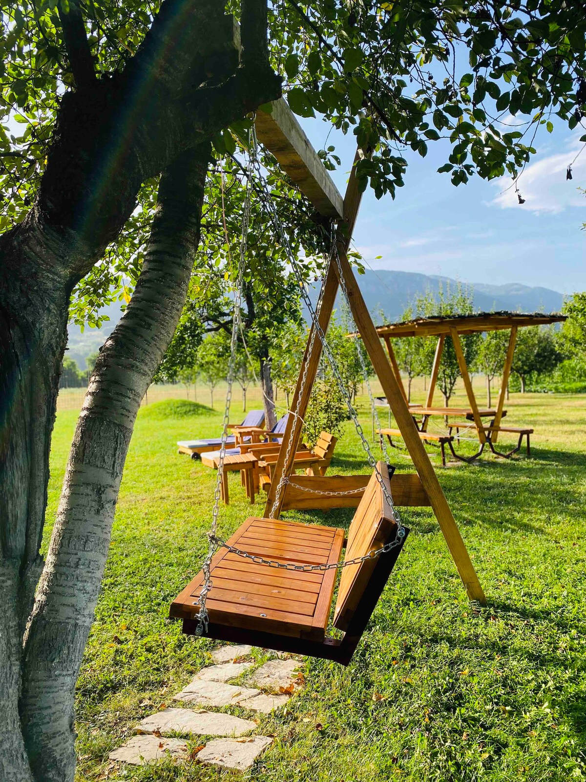 A wooden swing hangs from a sturdy frame, surrounded by a grassy area and gentle trees. Nearby, a wooden structure provides additional seating, enhancing the outdoor space's inviting nature. The background features distant mountains, contributing to the serene environment.