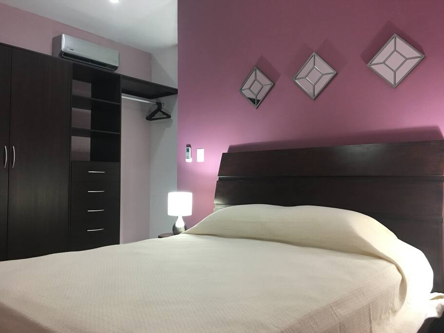 Master bedroom has one queen size bed and its own bathroom for privacy and convenience. Ample closet space for all your travel bags and clothes. A/C and ceiling fan keep the room cool and comfortable.