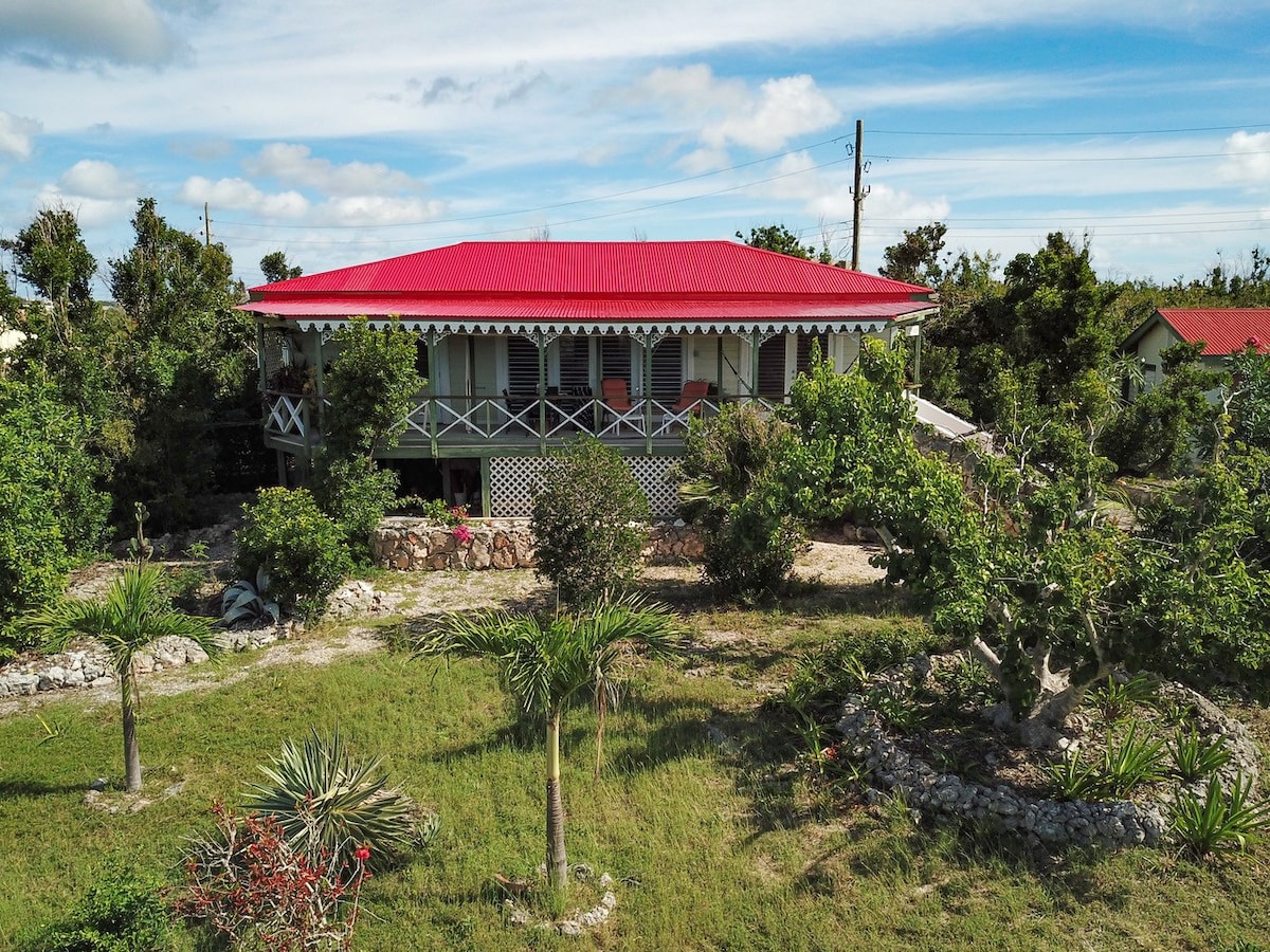 The cottage features a vibrant red roof and is surrounded by lush greenery. A spacious porch with decorative railings invites relaxation, while the well-maintained landscape includes various plants and trees. The home’s structure highlights an open design that connects with the natural environment.