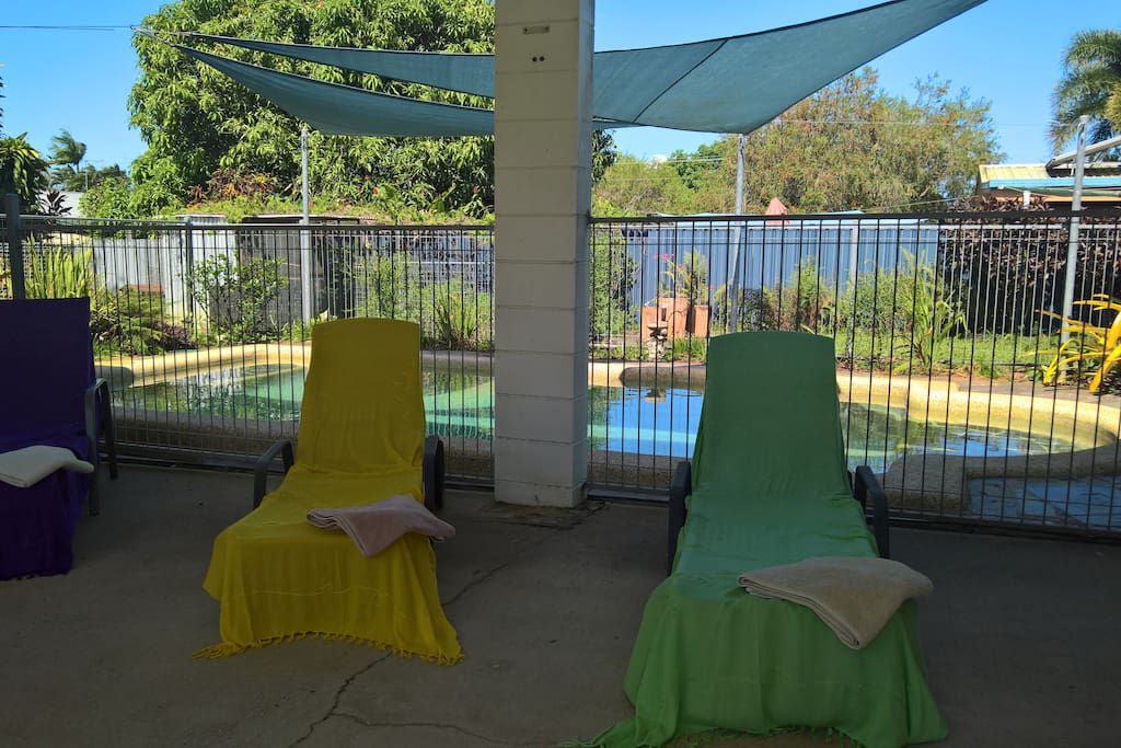 Relax by the crystal clear salt water pool