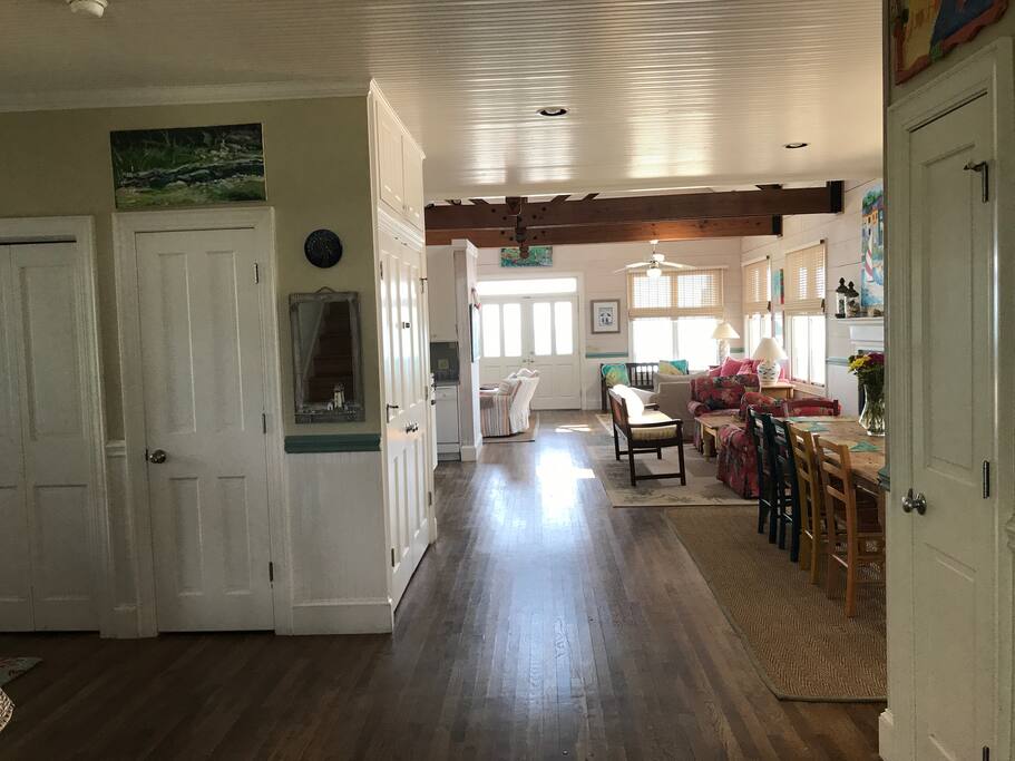 Scene from front door into open den area