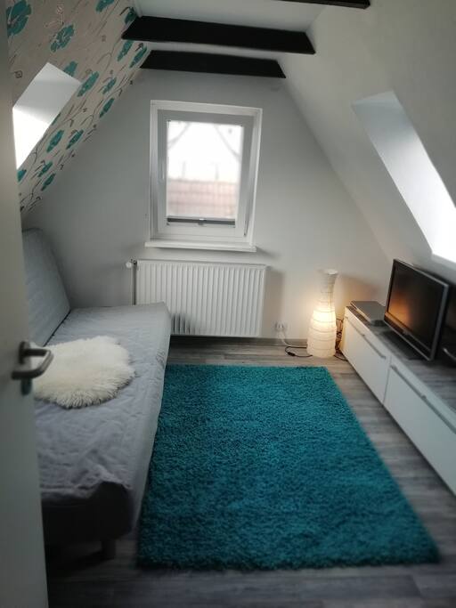 Wohnzimmer mit Schlafcouch für 2 Personen und TV, WLAN