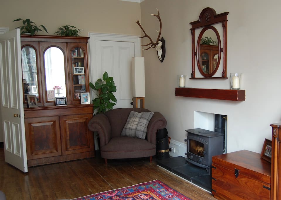 Living room with wood burning stove