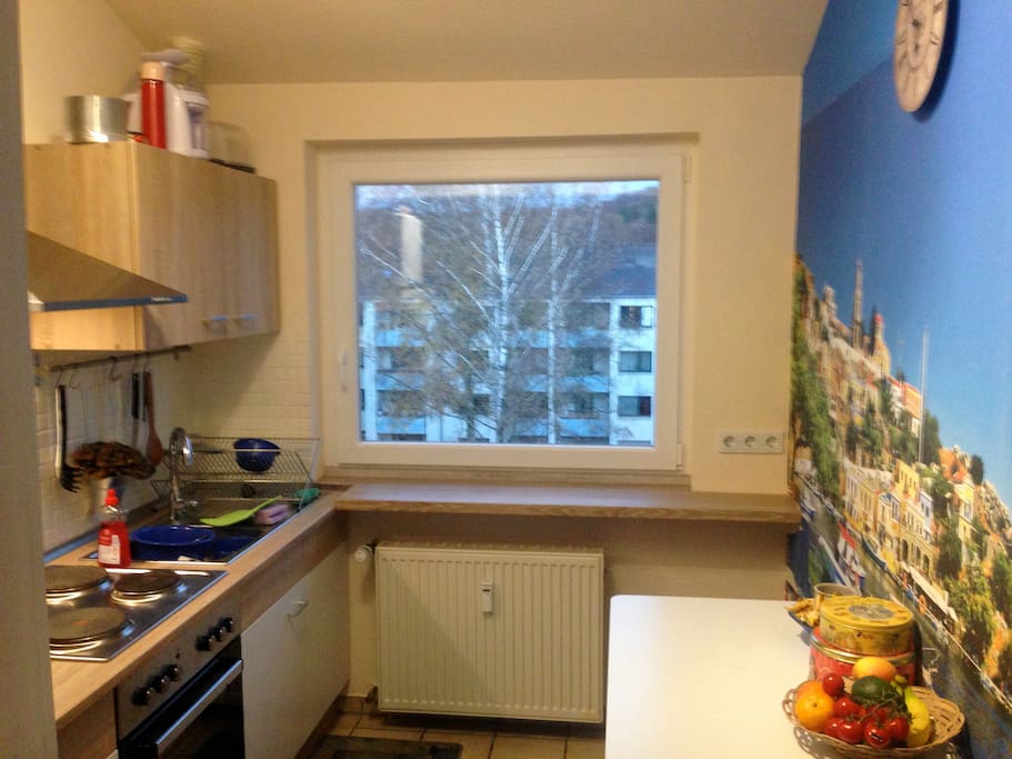 Helle Küche mit Blick in den Gerresheimer Wald sowie auf frisch renovierte Wohnhäuser