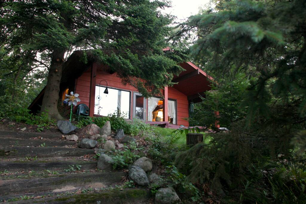 The railroad tie stairway up to the cabin from the lake.