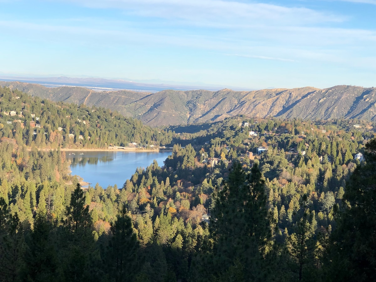 A panoramic view reveals a serene lake surrounded by lush green trees and rolling hills. The shoreline is dotted with small homes, while the distant mountains provide a picturesque backdrop under a clear blue sky.