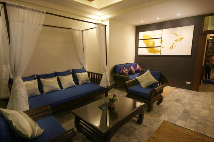 Salon avec des meubles de haute qualité et un canapé-lit pouvant servir de lit.