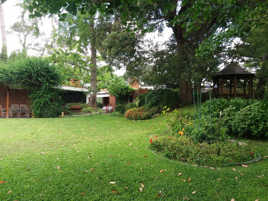 Vista del jardín con pérgola al fondo