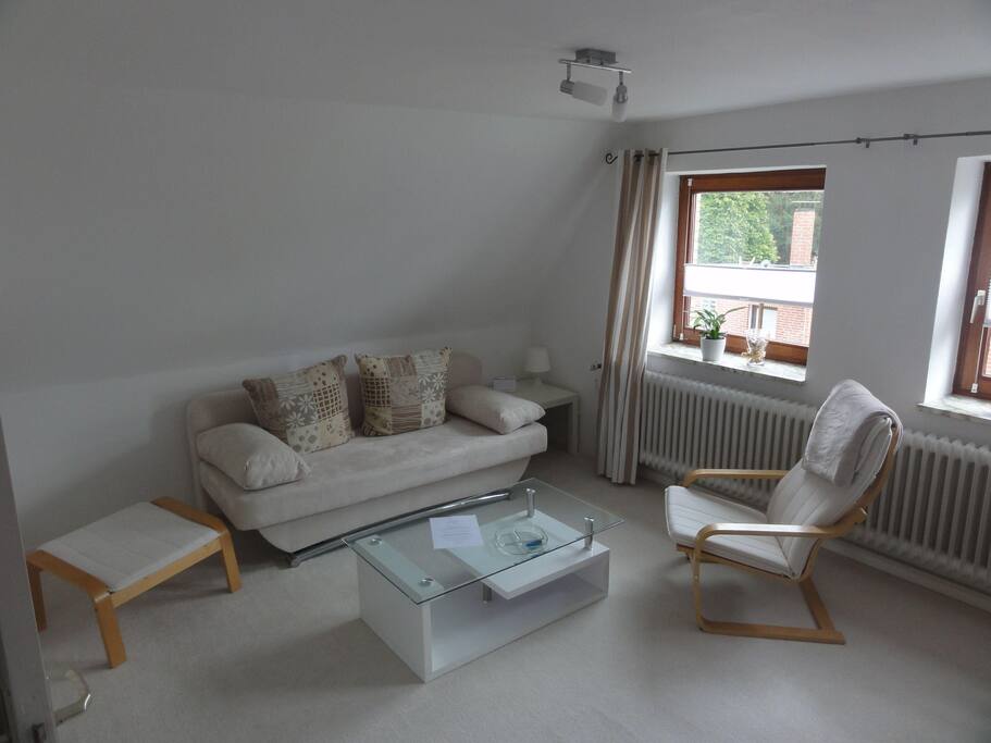 Gemütliches Wohnzimmer
mit Couch welches zum 140er Doppelbett wird.