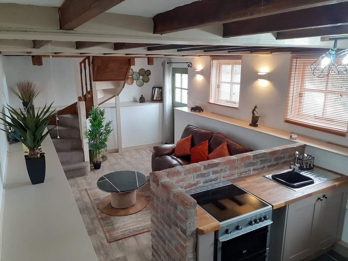 An open-plan living area features a cozy sofa with orange accent pillows and a round coffee table. A small kitchenette is visible, with an oven and sink integrated into a wooden countertop. Natural light enters through windows, highlighting wooden beams and a decorative plant.