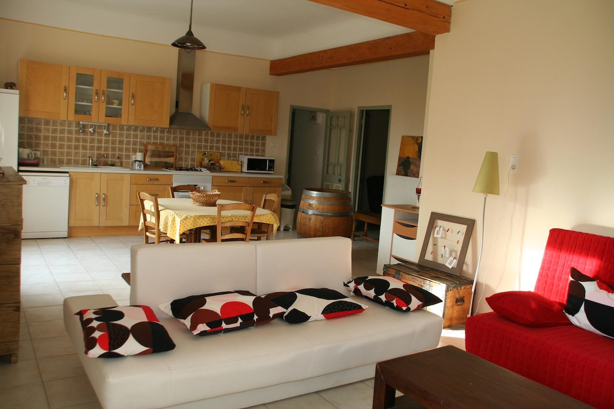 A spacious living area is shown featuring a white sofa adorned with patterned cushions, complemented by a red armchair. A wooden coffee table is present in front of the sofa. The open kitchen in the background includes wooden cabinetry, a dining table with chairs, and various appliances.