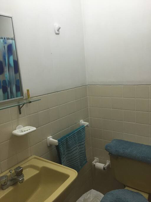 Clean bathroom with sink, toilet and shower with HOT water