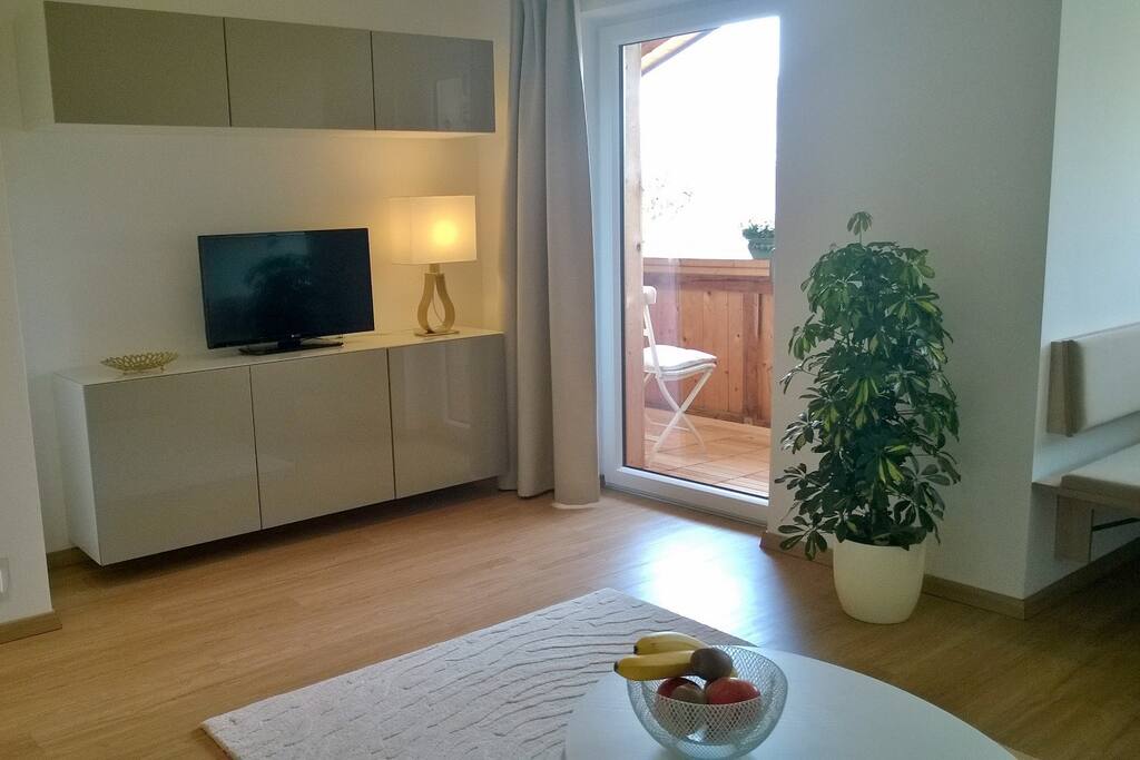 WOHNEN:
TV-Schrank. Flatscreen. SAT-TV. Ablageschränke. Stehlampe. Zugang zum Balkon.