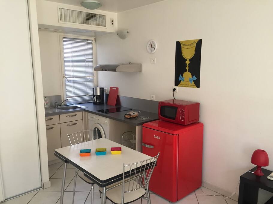 cuisine équipée : four micro onde, frigidaire, plaques vitro céramique x 2, cafetière, machine à laver le linge.