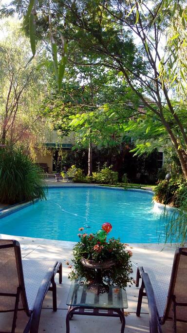 Our pool with waterfalls and bench with water massage