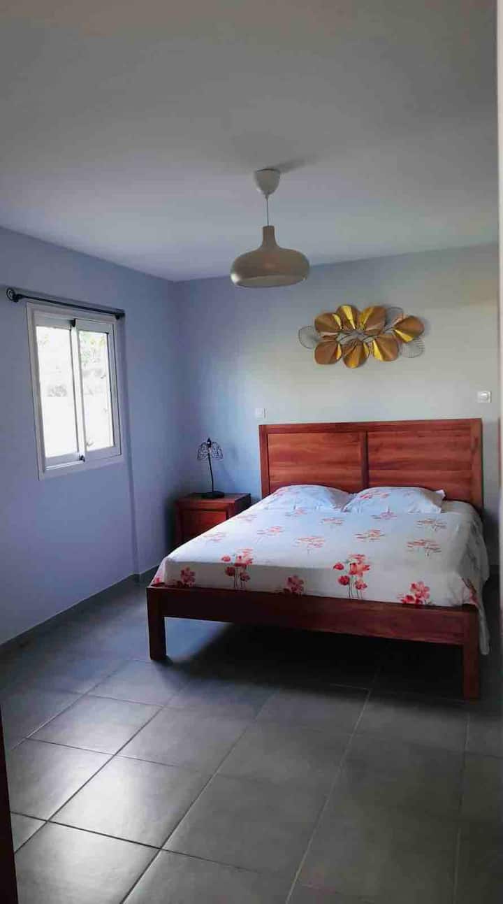 Dhomë gjumi e madhe me krevat të qetë king size me ajër të kondicionuar 
Dritarja  me pamje nga bimësia e gjelbër nuk është anashkaluar 