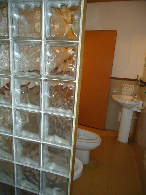 Bathroom with hot water shower and bidet.