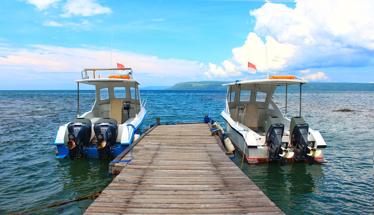 A wooden dock extends over calm waters, with two motorboats moored at either side. The boats are equipped with outboard motors and feature orange accents. In the background, lush green hills rise against a bright blue sky scattered with clouds.