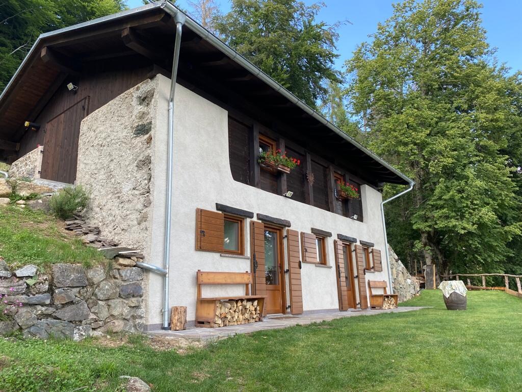 The exterior of the two-story cabin is showcased, featuring a rustic stone and wood facade. Flower boxes adorn the windows, adding a touch of color. A grassy area in front is complemented by a stone wall, creating a serene outdoor environment surrounded by trees.