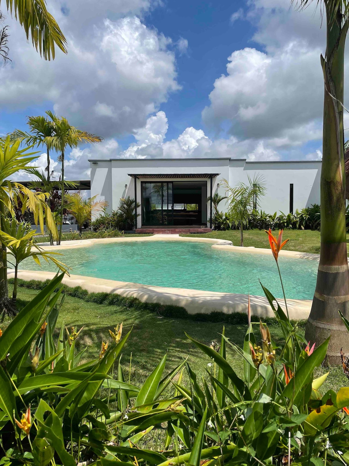 A spacious pool area is surrounded by lush greenery and tropical plants. The inviting water glimmers under a partly cloudy sky, and a modern structure with large glass doors is visible in the background, blending with the natural landscape.