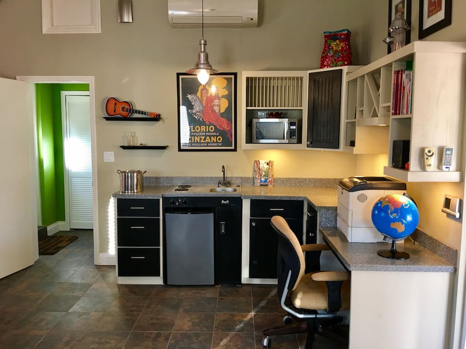 Kitchenette and office-ready workspace