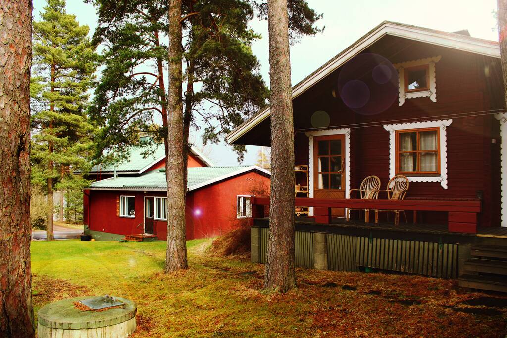 The Sauna Hut on the front, the Main House in the back. Viewed from the backyard.