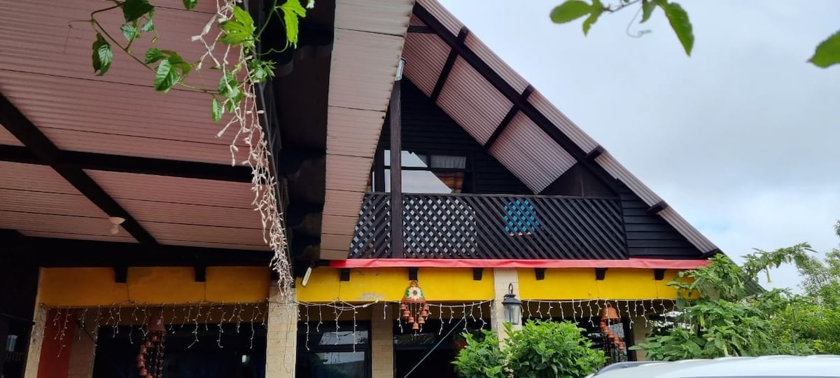 The charming exterior of the cabin features a sloped roof and a balcony with decorative lattice work. Bright yellow walls contrast with dark wooden accents, while greenery surrounds the structure, creating a natural setting. Decorative lights hang from the eaves, adding a welcoming touch.