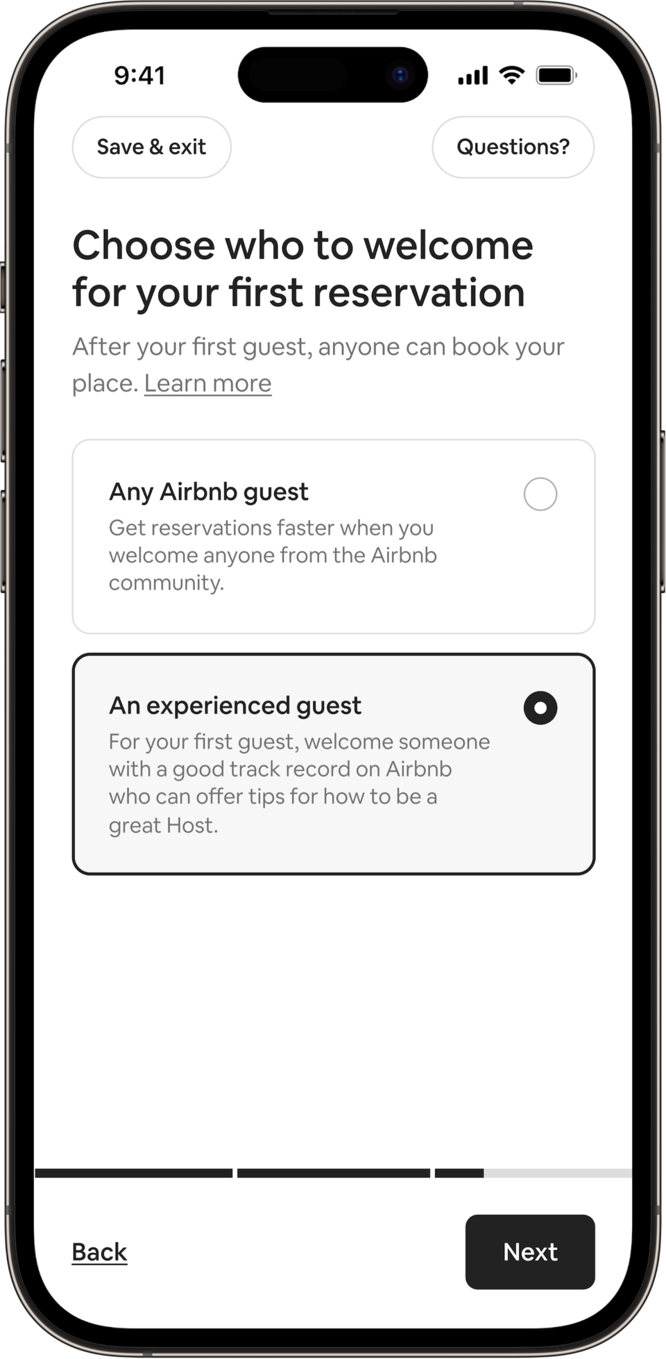 A phone shows a title saying: Choose who to welcome for your first reservation. Hosts can either opt to welcome any Airbnb guest or they can opt to welcome an experienced guest. The experienced guest button has been selected.